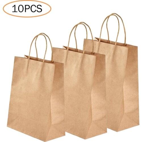 10PCS Kraft Paper Bag with Handles Gift Packaging Bags Wedding Party Wrapping Holder Shopping Clothes Food Takeaway Bags 3Sizes