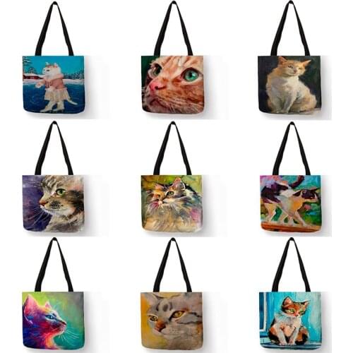 Personalized Cute Cat Print Shopping Bags Large Capacity Totes Handbags For Women Color Drawing Shoulder Bags SY0038