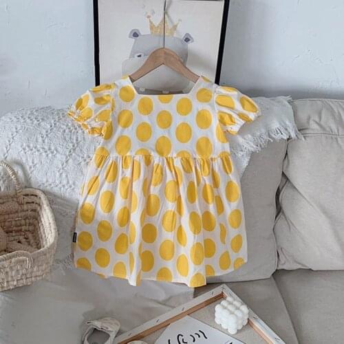 Hollead 2021 Summer Kids Girls Dresses Square Collar A-Line Dot Print Dresses 1-8 Years Fashion Cotton Yellow Sweet Clothing