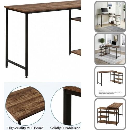 Sturdy High Quality Brown Vintage L-Shaped Computer Desk Brown Corner Computer Table Stable for Living Room