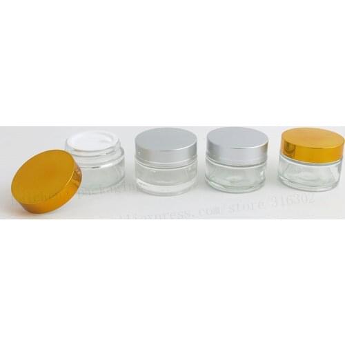 30 x 30g Mini Clear Cream Glass Jar Empty 1OZ Glass Cosmetic Make up Sample Container Emulsion Refillable Pot Silver Gold Lid