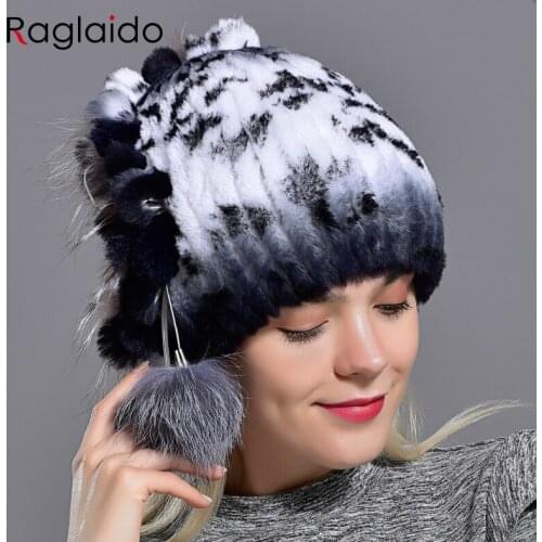 Raglaido knitted rex rabbit fur hat+fox fur balls floral winter hats for women girls beanies caps elastic 55-59cm head LQ11238