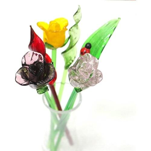Hand Blown Glass Rose Flower Art Figurines Craft Wedding Valentines Day Favors Gifts Table Decoration Ornament Long Handle 16cm