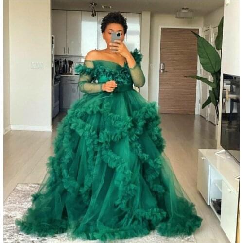 Dark Green Fluffy Ruffled Tulle Maternity Robes Women Custom Made Long Tulle Dresses Photo Shoot Birthday Party Gown vestido