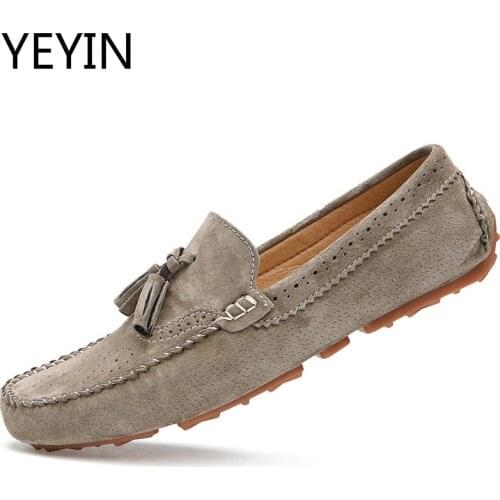 Men Casual Shoes Fashion Male Shoes Suede Leather Men Loafers leisure Slip On Mens driving Shoes Khaki Brown Grey