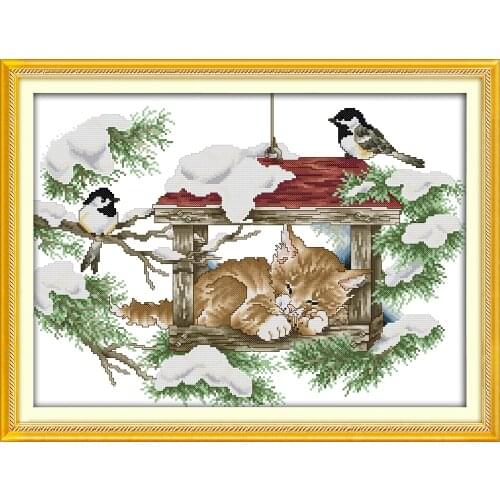 Deep sleep cat and birds cross stitch stitching embroidery DIY handmade needlework supplies