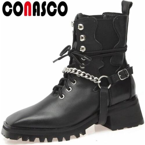 CONASCO New Arrival Women Ankle Boots Autumn Winter Warm Genuine Leather Party Basic Prom Boots Punk Chain Design Woman