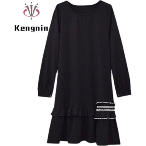 Loose Oversized Black Dress Woman 2021 Autumn Winter Ladies Designer Dresses Elegant A-Line Ruffles Female Robe Clothing KE1849