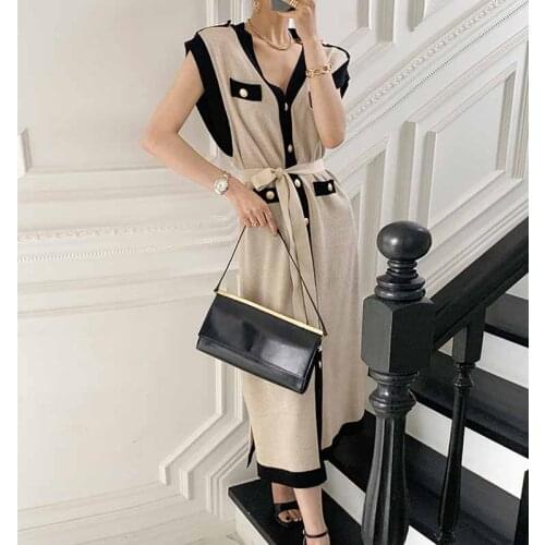 One-Piece Knitted Ice Silk Women Dress Korean Chic Fashion Single-Breasted Sweater Casual Sleeveless Vest Dress Retro Robe Femme