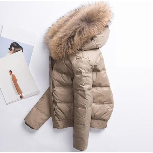 Ailegog Fad Winter Women Real Raccoon Fur Collar White Duck Down Hooded Jacket Short Coats Female Slim Casual Down Outerwear