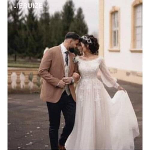 JIERUIZE White Chiffon Boho Wedding Dresses Lace Appliqués Long Sleeves Beach Summer Bridal Wedding Gowns vestido de noiva