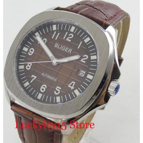 BLIGER Sapphire Glass 39mm Automatic Mens Watch Stainless Steel Watch Case With Classic Brown Leather Strap