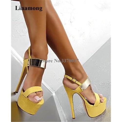 Women Sexy Fashion Open Toe Suede Leather High Platform Metal Straps Thin Heel Sandals Ankle Strap Yellow Super High Heel Sandal