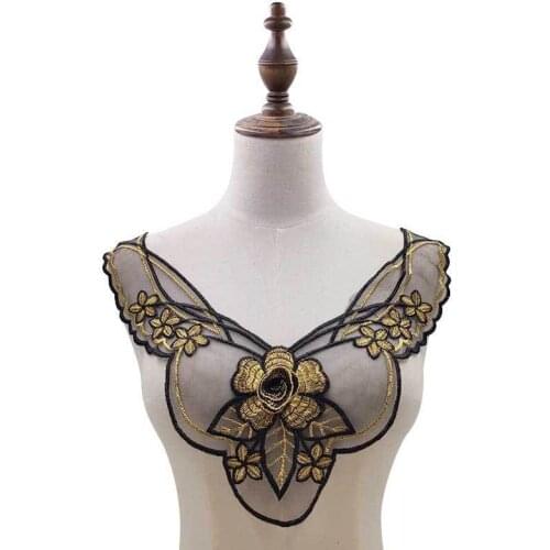 Elegant Gold 3D Flowers Embroidery Lace Collar Appliques Evening Dress Guipure Decorative Lace Sewing Trimmings Embellishments