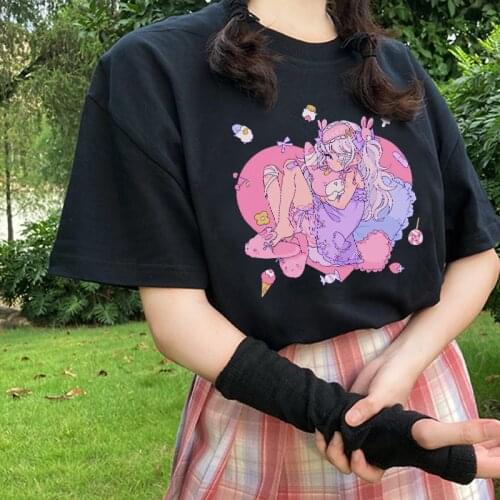 Kawaii Women T-shirt Japanese Cartoon Sweet Love Girl Print Anime Casual Harajuku Chic Loose Top Ulzzang Summer Vintage Clothing