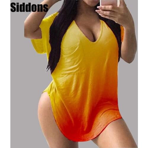 Women T-shirts Gradient Color V-neck Short Sleeve Pocket Loose Long Top Tee Female Casual Sexy Fashion Clothing Summer