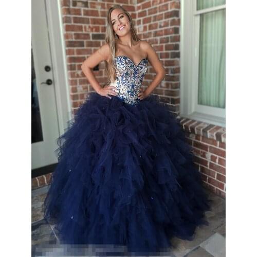 Crystal Dark Navy Ball Gown Quinceanera Dresses Sweet Heart Major Beading Cascading Ruffles Formal Party Gowns for Sweet