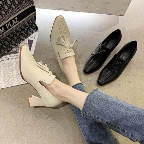 Ins New Fashion Thick Heel Tassel Single Shoes Deep Mouth High Heels Fashion Small Leather Shoes Net Red Fashion Womens Shoes