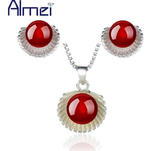 Almei Wedding Jewelry Sets Necklace Earrings Silver Color Set with Red Stones Shell Jewellery Gifts Bijouterie WHF22