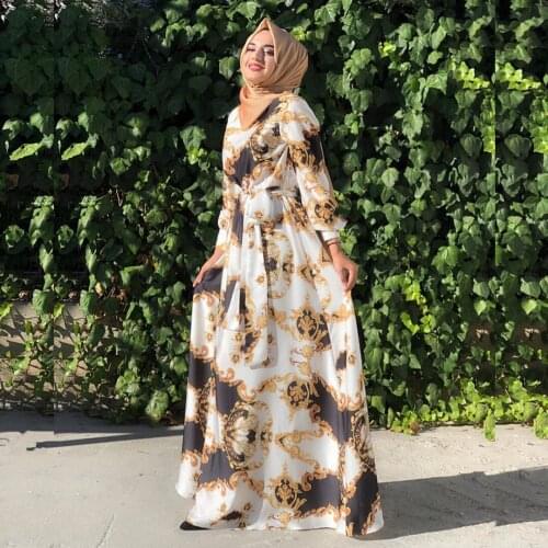 Summer Light Dresses 2021Plus Size Muslim Printed Lace-up Long Dress Abayas For Women Turkish Islam Clothing Eid Mubarak Kaftan