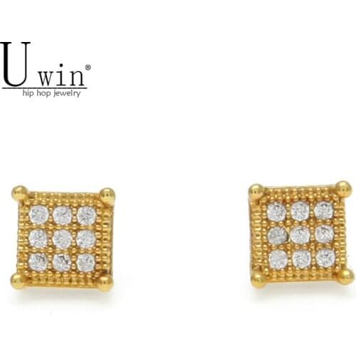 UWIN Iced Zircon Mens Stud Earrings Copper Material Gold color Color Square Earrings For Women Fashion Hip Hop Jewelry 7mmx7mm