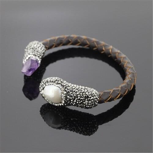 Natural rough Pearl amethysts Crystal bead pave rhinestone Charm real Leather open adjustable bangle cuff Bracelet for women