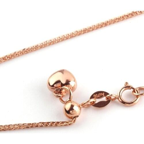 New 17.7INCH 18K Rose Gold Necklace 1mm Wheat Chain with Heart Charm /2.2g