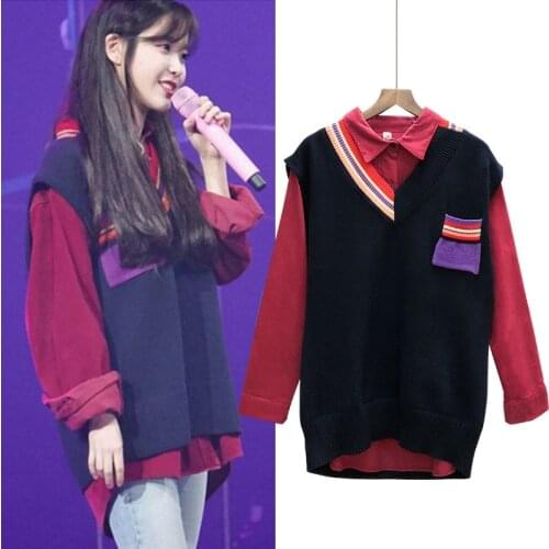 Kpop IU Lee Ji Eun 2021 new streetwear Harajuku style knitting hoodies women wine red corduroy lapel sweatshirts female clothes