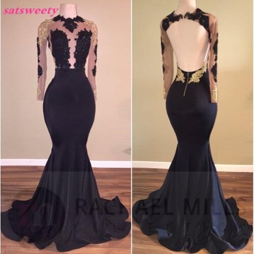 New African Black and Gold Mermaid Prom Dress Long 2020 High Neck Satin Sexy See Through Open Back Long Sleeve Bridesmaid Dress