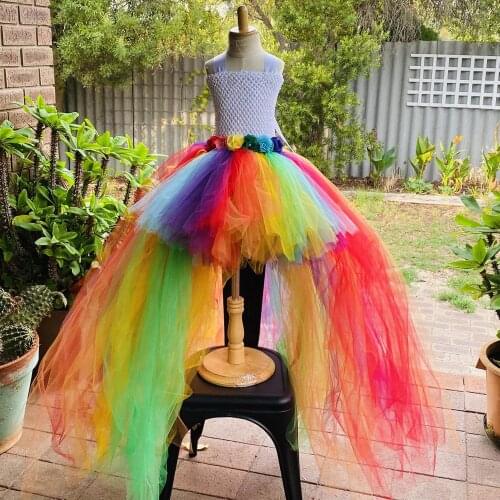 Rainbow High Low Fluffy Tutu Dress for Girls Kids Colorful Princess Costumes Flower Girl Party Dresses Long Floor Trail Outfits