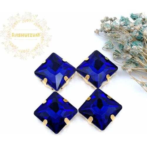 Classic style Sapphire blue Square Glass Crystal sew on rhinestones with gold claw Diy wedding dress accessories free shipping