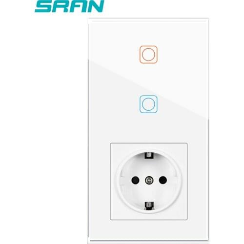 SRAN Sensor Switch,Power Socket With Light Switch 2Gang 1Way,Vertical Installation Crystal Glass Panel 153mm*86mm