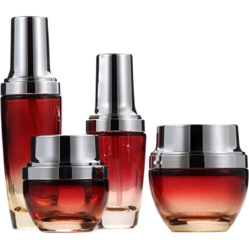 30ML 50ML 100ML Red Cosmetic Packaging Glass Refillable Bottle Silver Lotion Pump Essential Oil Vial 30G 50G Cream Jars 8pieces