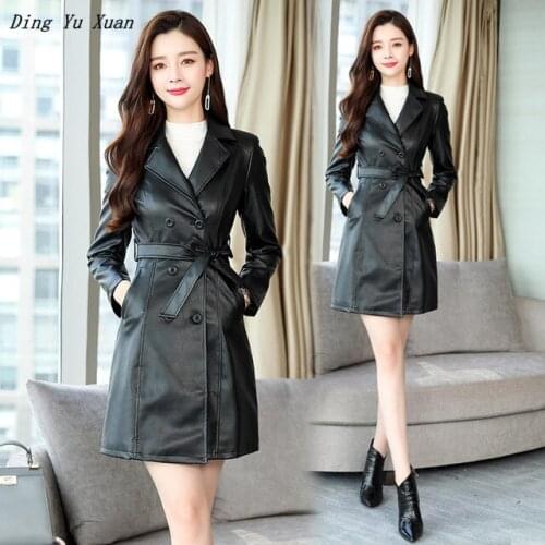 Womens Double Breasted Faux Leather Trench Coat for Women Pu Leather Blazer Jacket Ladies Long Slim Fit Trench Coat Black Red