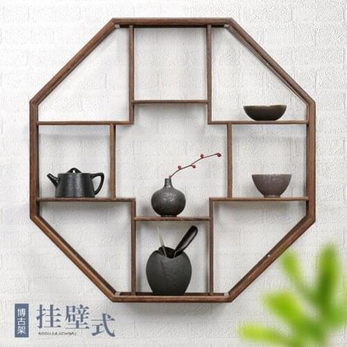 Solid Wood Circular Hanging Wall Shelf Arts and Crafts Stents Chinese Style Shelves for Wall Antique Frame Wood Wall Decor