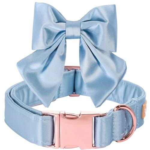 Unique style paws Blue Silk Dog Collar Puppy Collar with Bowtie Adjustable Dog Collar Pet Gift for Small Medium Large