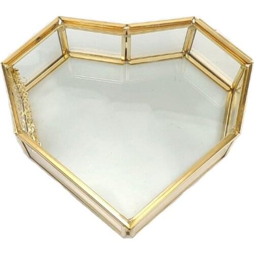 Heart-Shaped Vintage Gold Mirror Glass Vanity Tray,Ornate Geometric Display Storage Organizer for Makeup Brushes/Lipstic