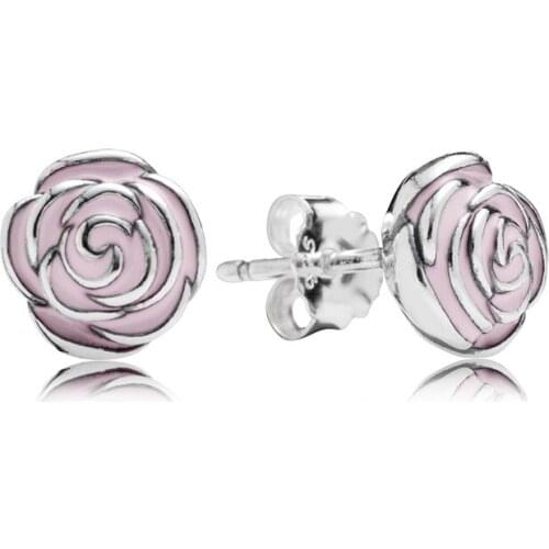 Silver Earrings 925 Sterling Alluring Rose Petal Stud Earrings Pink Enamel Compatible Women Jewelry