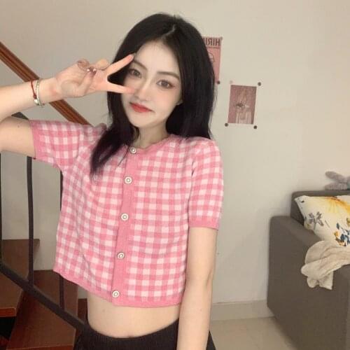 JUNWU Summer Womens Two-Color Plaid Round Neck Single-Breasted Fine Knit Sweater Short-Sleeved Stretch Sweater Za Sweet Girlish