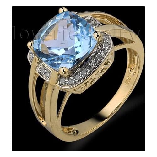 LOVERJEWELRY New Cushion 9x9mm 14kt Yellow Gold Natural Diamond Natural Topaz Ring SR0042A