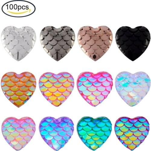 100pcs 12mm Resin Cabochons for Making Hairpins, Earstuds and rings, Heart with Mermaid Fish Scale, Size: about 12x12x3mm