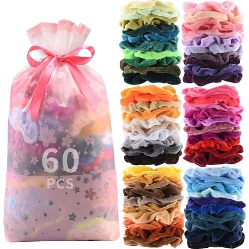 60Pcs/Pack Vintage Velvet Hair Scrunchies Elastic Hair Bands Solid Color Headband Women Girls Ponytail Ties Hair Accessories
