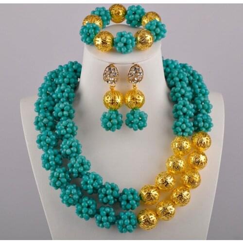 Aqua Blue Crystal Ball Beaded Nigerian Beads Jewelry Set African Wedding Beads Necklace Sets
