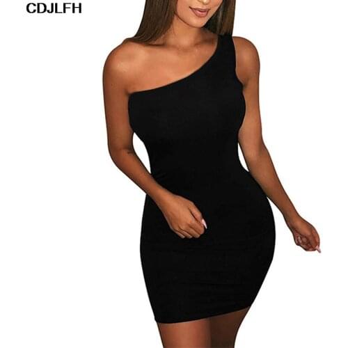 CDJLFH Womens Casual Basic One Shoulder Tank Top Bodycon Sleeveless Party Dresses Women Mini Dress Drop Shipping Black Dress