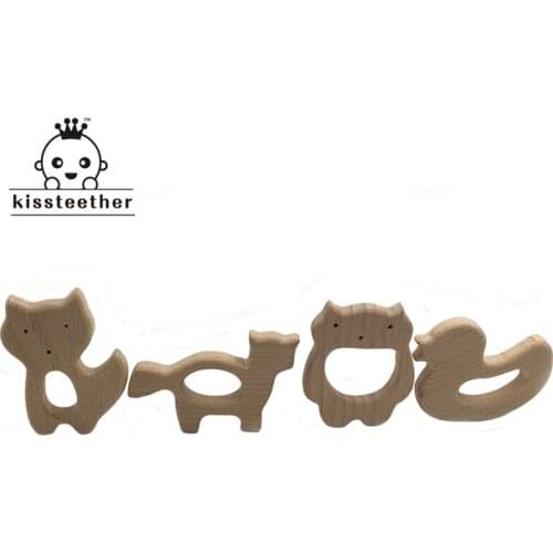 DIY Baby Teether Toys Organic Natural Beech Wooden Fox-Wolf-Viking-Mandarin Duck Hand Cut Toy Baby Wooden Teether Gift