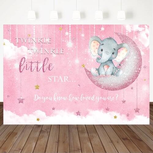 Elephant Baby Shower Backdrop Pink Moon Twinkling Stars Baby Shower Photography Background Baby Shower Party Decoration Banner