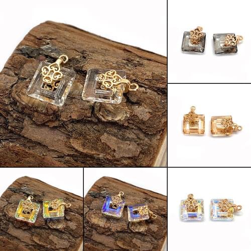Crystal Pendant Jewelry Making Supplies, Multi-color Gold Alloy Pendant DIY Necklace Accessories, 10pcs Square Hollow Jewelry