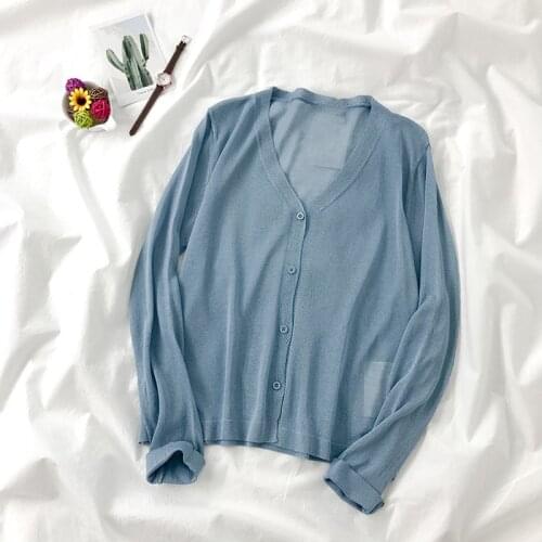 Ice Silk Knitted Cardigan Women Korean Style Casual V Neck Long Sleeve Solid Color Tops Summer Thin Sun Protection Clothing 2021