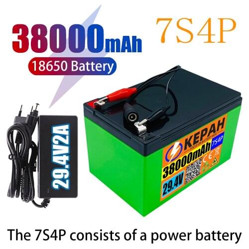 24V 7s4p 38000 MAH high power 38ah 18650 lithium battery with BMS 29,4v electric bicycle + 2A charger