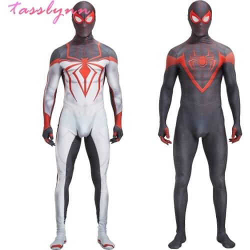 Miles Morales white Spider Cosplay Costumes for Men Anime Clothes Boys Spider Suit Lycra Zentai PS5 Cosplay Halloween Bodysuit